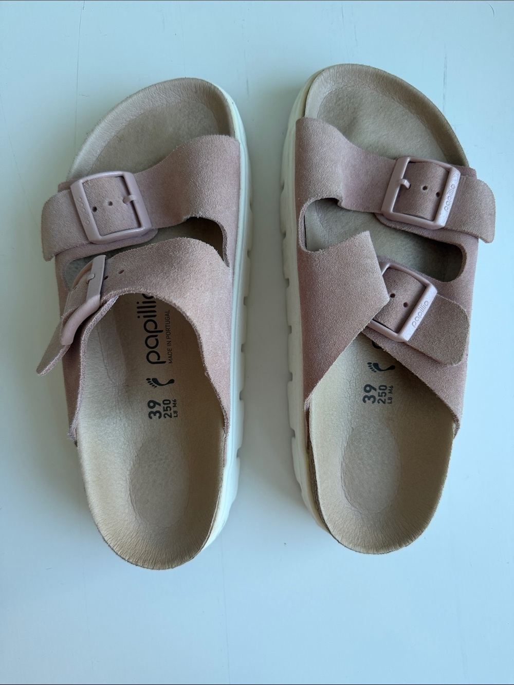 Papillio Two-Strap Suede Slide Sandals in Dusty Pink